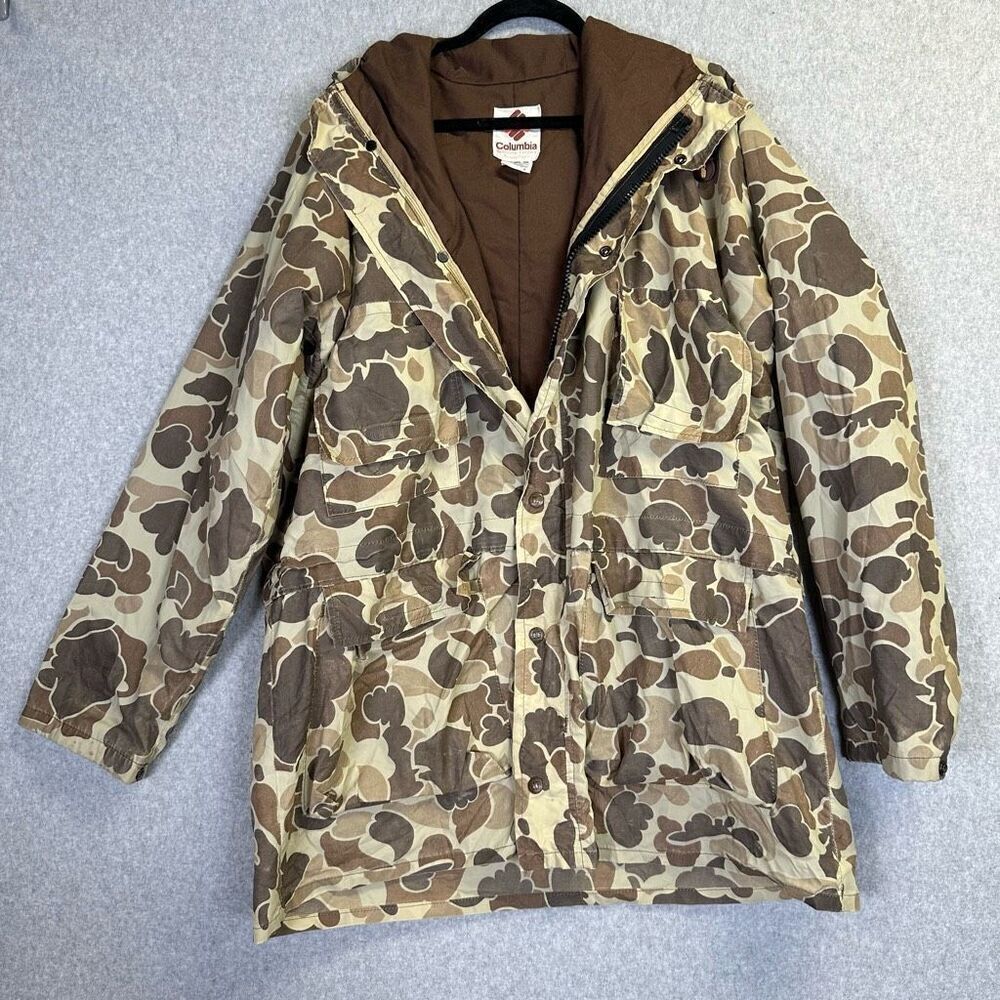 Vintage Columbia Sportswear Mens Large Hooded Coat Green Camo Outdoor Hunting